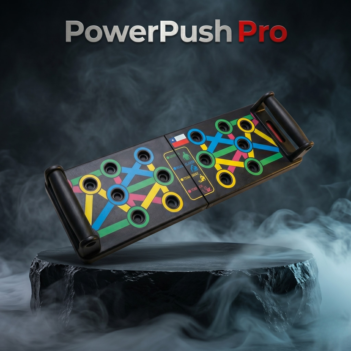 PowerPush Pro™ – Tablero plegable multifunción que activa 9 grupos musculares con guía de ejercicios integrada para pecho, hombros, tríceps y espalda