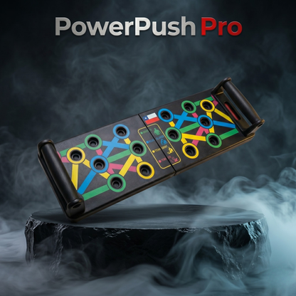 PowerPush Pro™ – Tablero plegable multifunción que activa 9 grupos musculares con guía de ejercicios integrada para pecho, hombros, tríceps y espalda