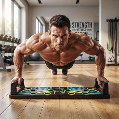 PowerPush Pro™ – Tablero plegable multifunción que activa 9 grupos musculares con guía de ejercicios integrada para pecho, hombros, tríceps y espalda