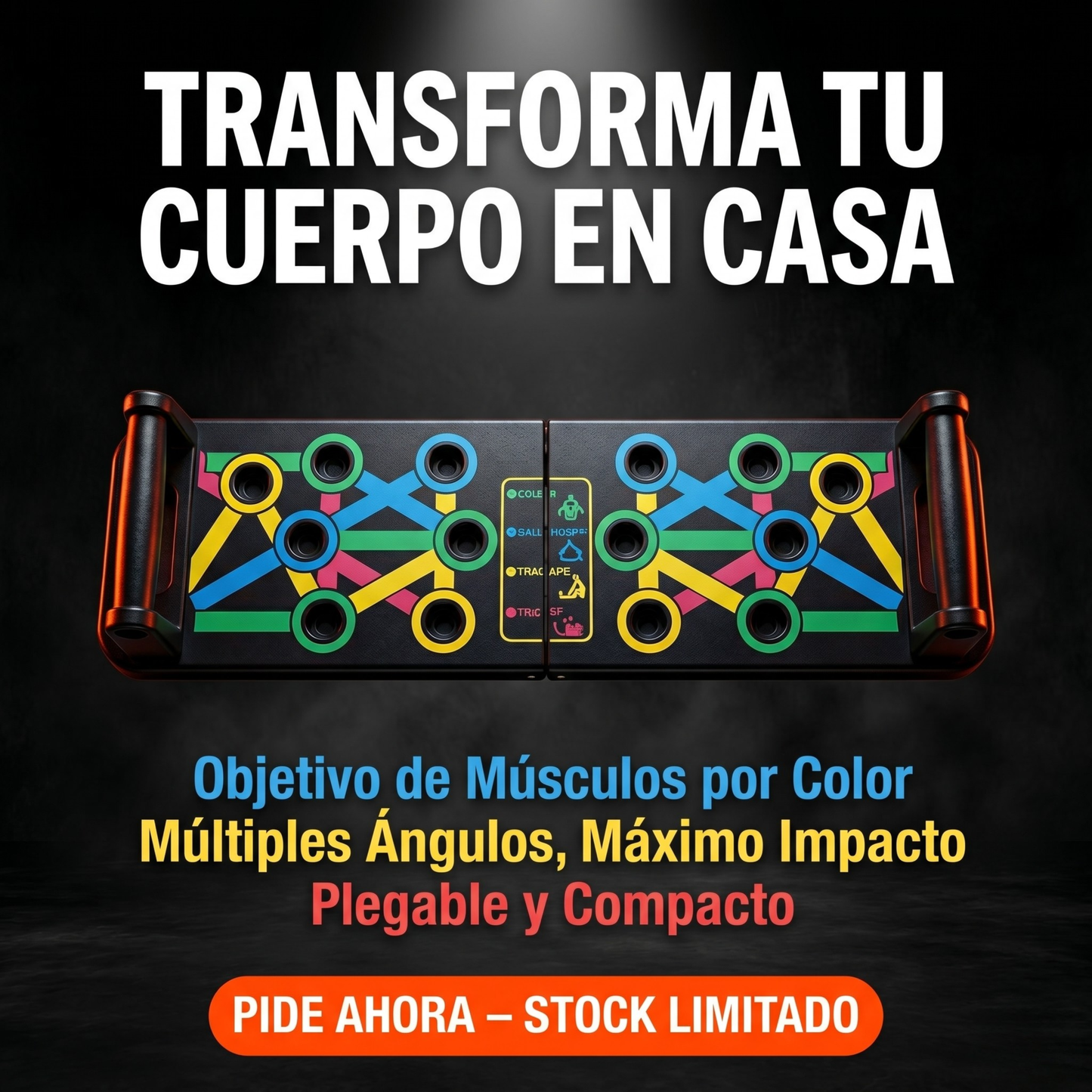 PowerPush Pro™ – Tablero plegable multifunción que activa 9 grupos musculares con guía de ejercicios integrada para pecho, hombros, tríceps y espalda