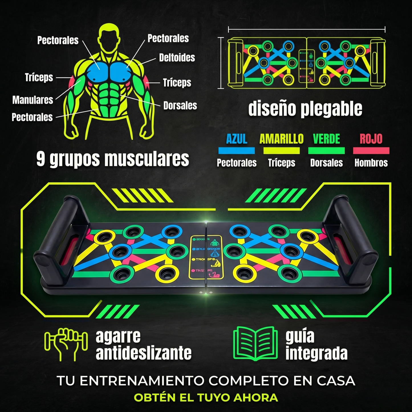 PowerPush Pro™ – Tablero plegable multifunción que activa 9 grupos musculares con guía de ejercicios integrada para pecho, hombros, tríceps y espalda