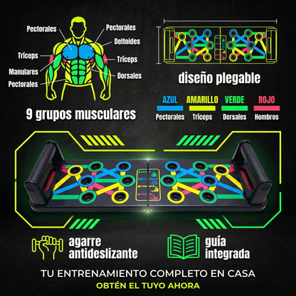 PowerPush Pro™ – Tablero plegable multifunción que activa 9 grupos musculares con guía de ejercicios integrada para pecho, hombros, tríceps y espalda