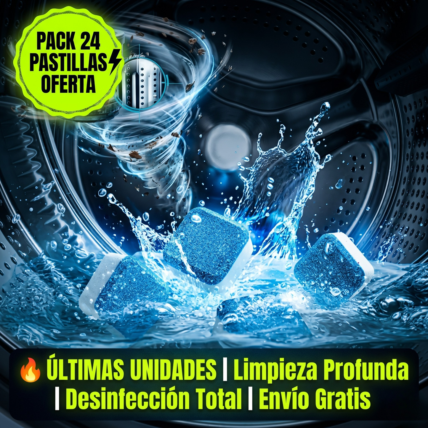DrumClean Pro™ – Pack 60 Pastillas Desinfectantes para Lavadora, Acción Efervescente que Elimina el 99,9% de Gérmenes y Residuos