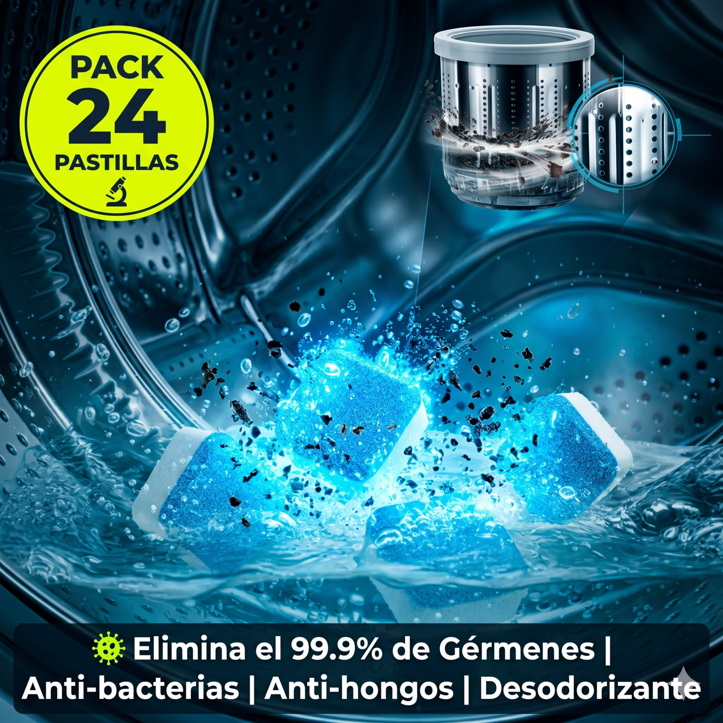 DrumClean Pro™ – Pack 60 Pastillas Desinfectantes para Lavadora, Acción Efervescente que Elimina el 99,9% de Gérmenes y Residuos